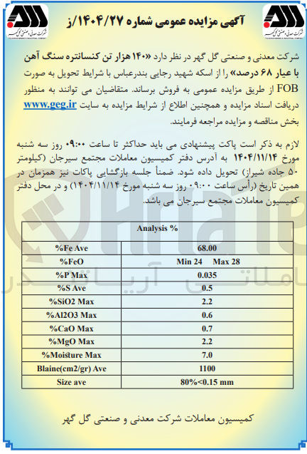 تصویر کوچک آگهی فروش ۱۴۰ هزار تن کنسانتره سنگ آهن با عیار ۶۸ درصد