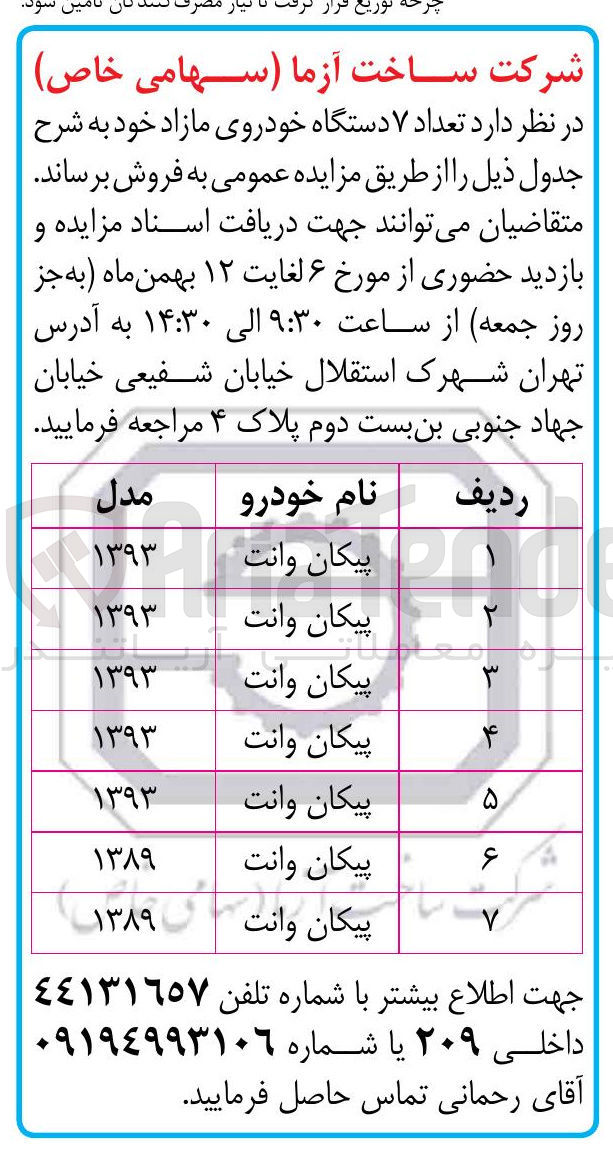 تصویر کوچک آگهی فروش تعداد ۷ دستگاه خودروی مازاد