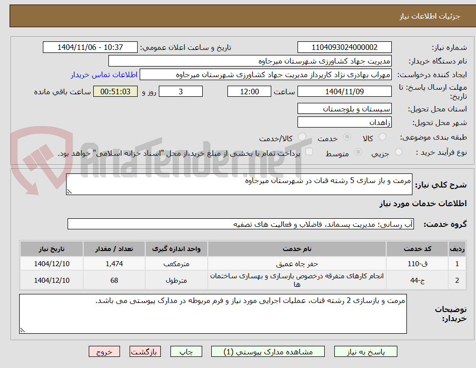 تصویر کوچک آگهی مرمت و باز سازی 5 رشته قنات در شهرستان میرجاوه