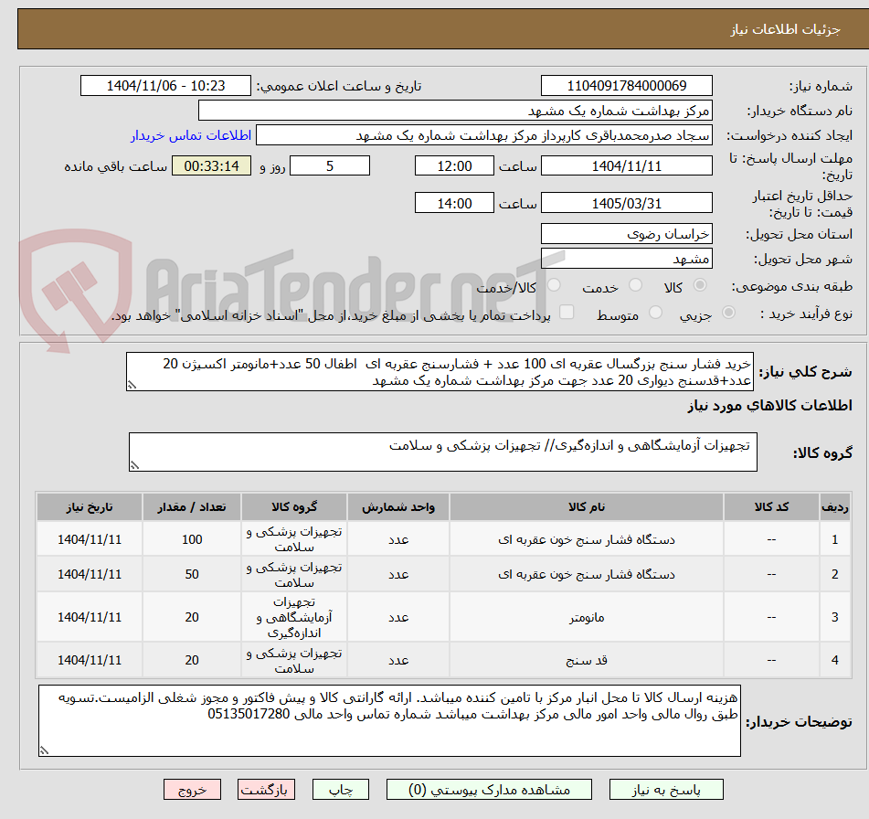 تصویر کوچک آگهی خرید فشار سنج بزرگسال عقربه ای 100 عدد + فشارسنج عقربه ای  اطفال 50 عدد+مانومتر اکسیژن 20 عدد+قدسنج دیواری 20 عدد جهت مرکز بهداشت شماره یک مشهد 