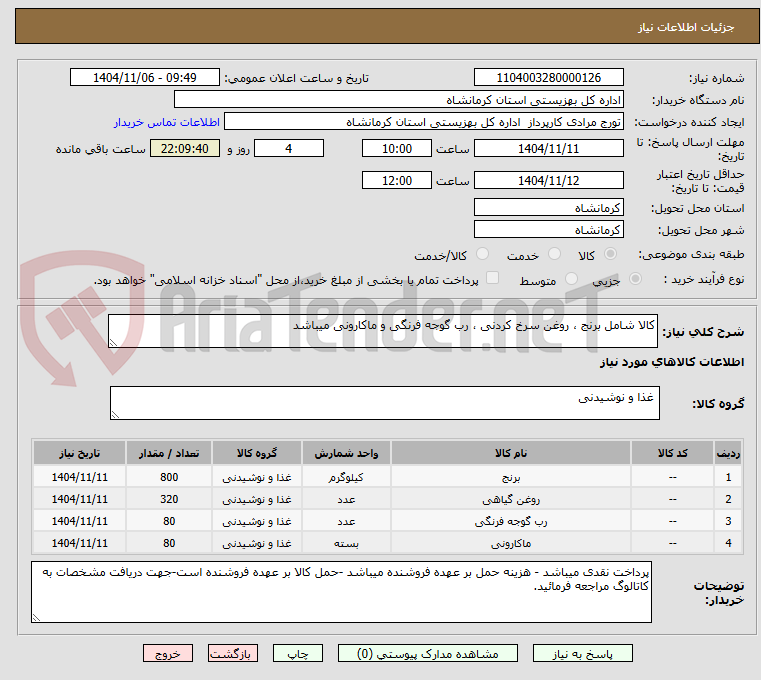تصویر کوچک آگهی کالا شامل برنج ، روغن سرخ کردنی ، رب گوجه فرنگی و ماکارونی میباشد