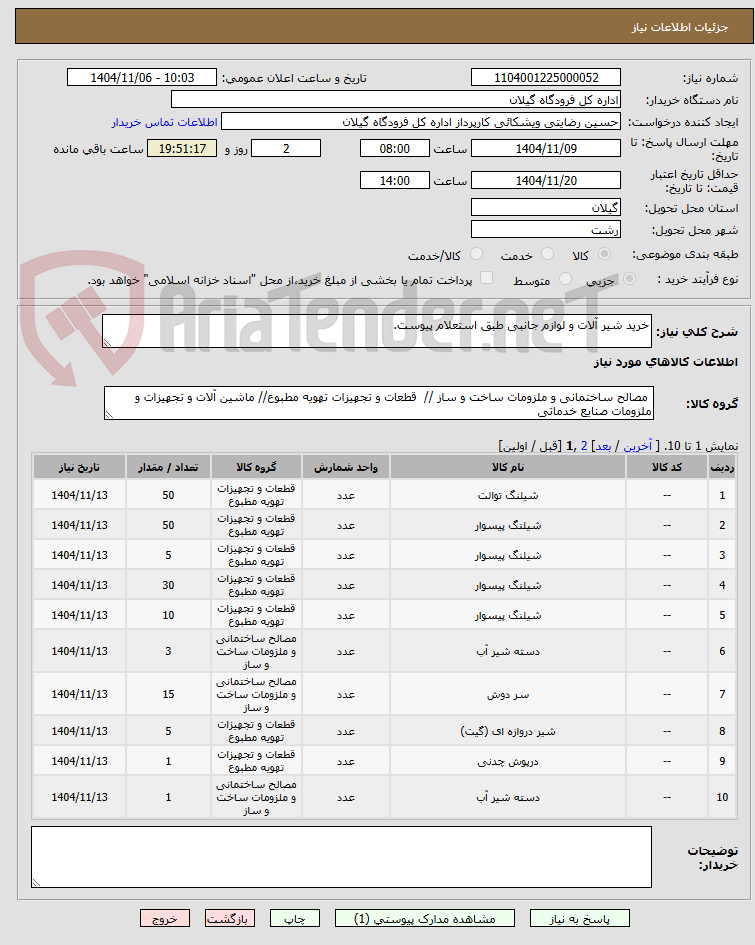 تصویر کوچک آگهی خرید شیر آلات و لوازم جانبی طبق استعلام پیوست.