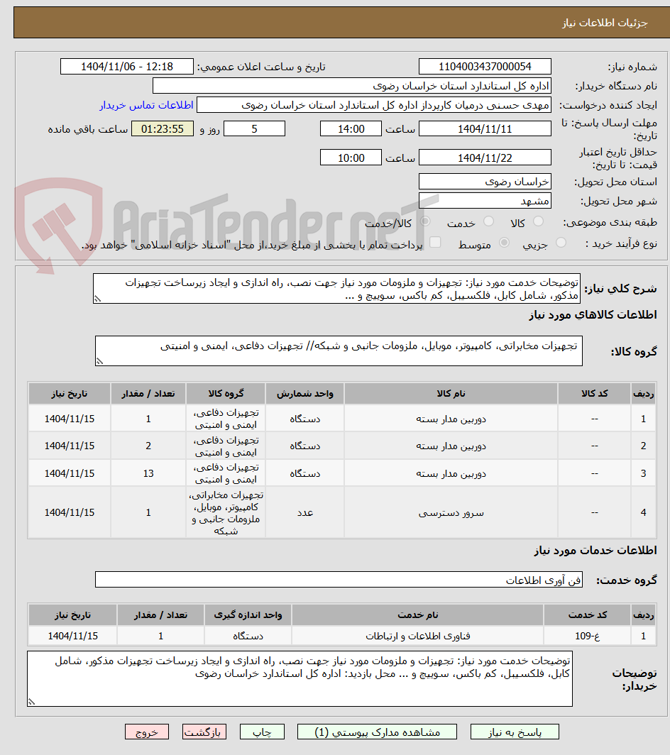 تصویر کوچک آگهی توضیحات خدمت مورد نیاز: تجهیزات و ملزومات مورد نیاز جهت نصب، راه اندازی و ایجاد زیرساخت تجهیزات مذکور، شامل کابل، فلکسیبل، کم باکس، سوییچ و ...