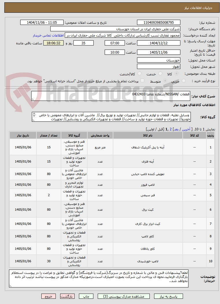 تصویر کوچک آگهی قطعات /NISSAN/شماره تقاضا 0432410