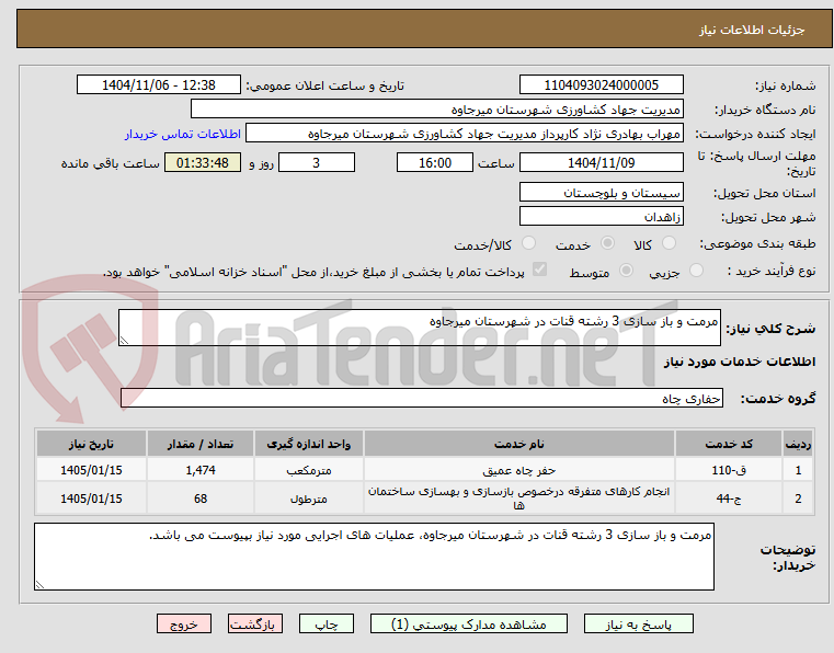 تصویر کوچک آگهی مرمت و باز سازی 3 رشته قنات در شهرستان میرجاوه