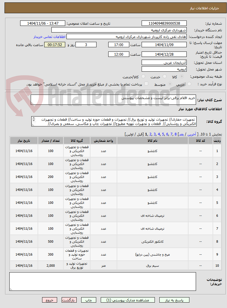 تصویر کوچک آگهی خرید اقلام برقی-برابر لیست و مشخصات پیوستی