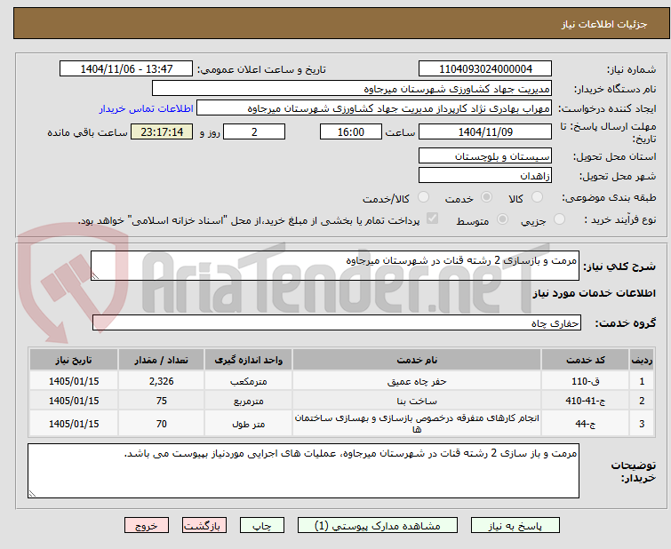 تصویر کوچک آگهی مرمت و بازسازی 2 رشته قنات در شهرستان میرجاوه