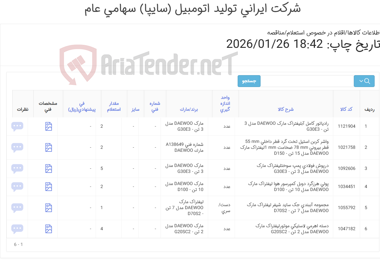 تصویر کوچک آگهی 6 ردیف اقلام لیفتراکDAEWOO