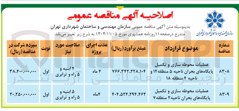 تصویر کوچک آگهی عملیات محوطه سازی و تکمیل پایگاه های بحران 