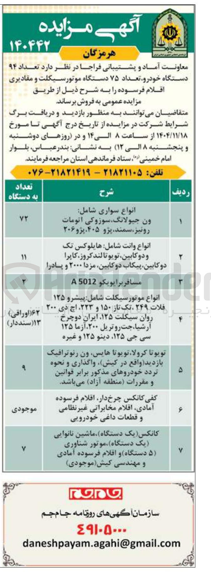 تصویر کوچک آگهی فروش تعداد ۹۴ دستگاه خودرو تعداد ۷۵ دستگاه موتورسیکلت و مقادیری اقلام فرسوده