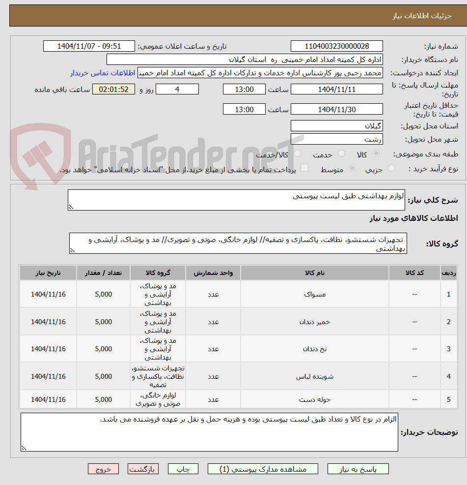 تصویر کوچک آگهی لوازم بهداشتی طبق لیست پیوستی