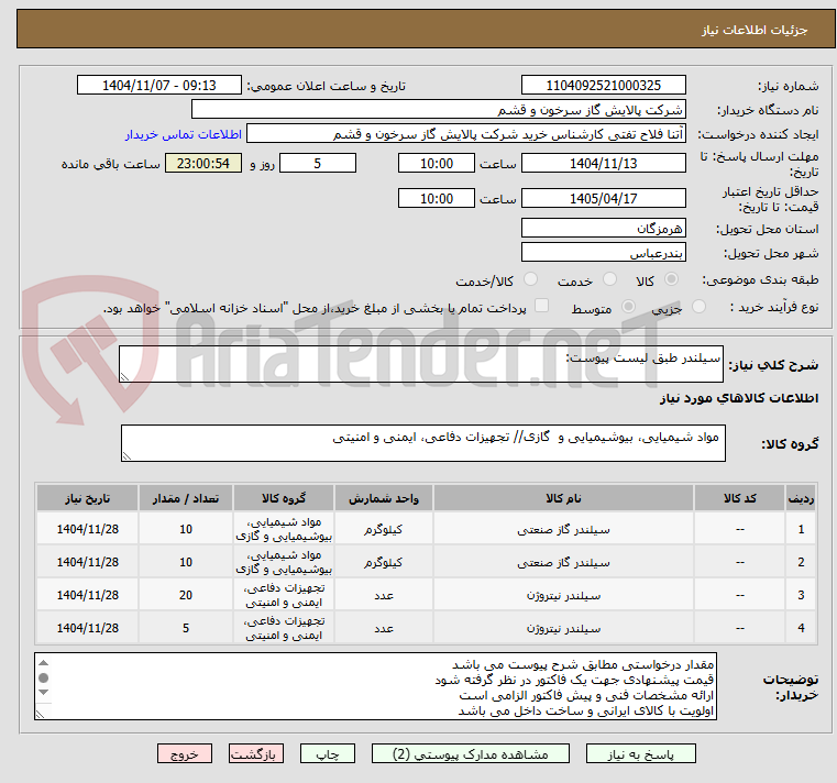 تصویر کوچک آگهی سیلندر طبق لیست پیوست: