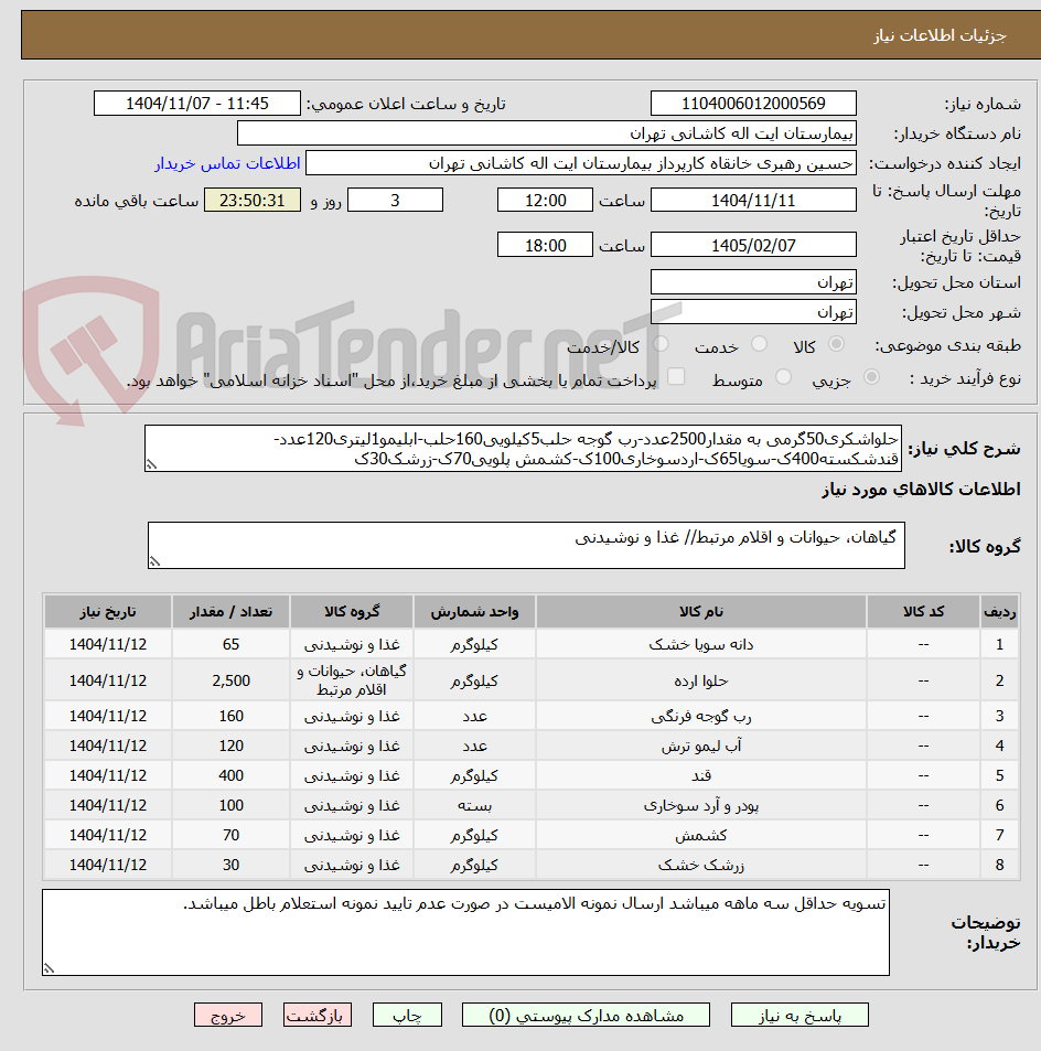 تصویر کوچک آگهی حلواشکری50گرمی به مقدار2500عدد-رب گوجه حلب5کیلویی160حلب-ابلیمو1لیتری120عدد-قندشکسته400ک-سویا65ک-اردسوخاری100ک-کشمش پلویی70ک-زرشک30ک