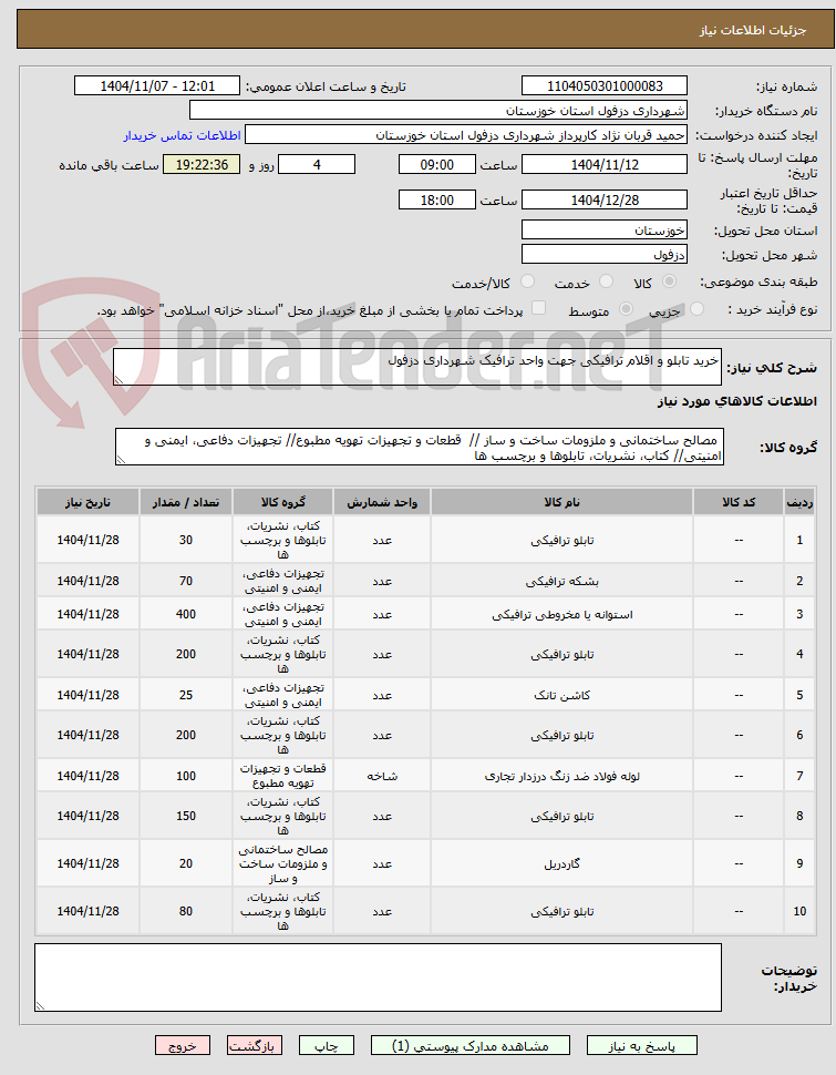 تصویر کوچک آگهی خرید تابلو و اقلام ترافیکی جهت واحد ترافیک شهرداری دزفول