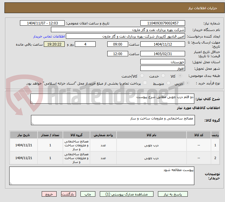 تصویر کوچک آگهی دو قلم درب چوبی مطابق شرح پیوست