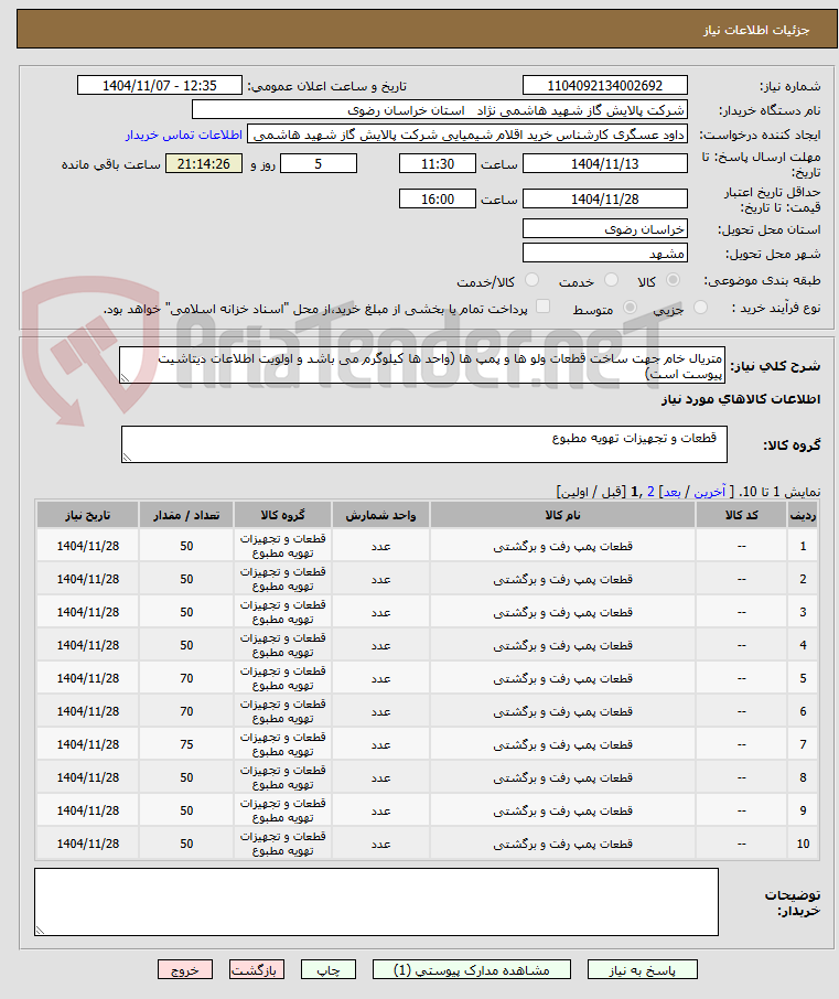 تصویر کوچک آگهی متریال خام جهت ساخت قطعات ولو ها و پمپ ها (واحد ها کیلوگرم می باشد و اولویت اطلاعات دیتاشیت پیوست است)