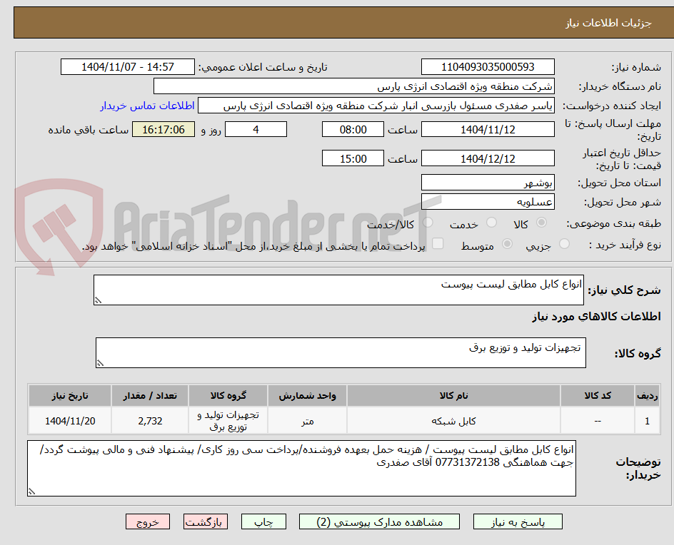 تصویر کوچک آگهی انواع کابل مطابق لیست پیوست 