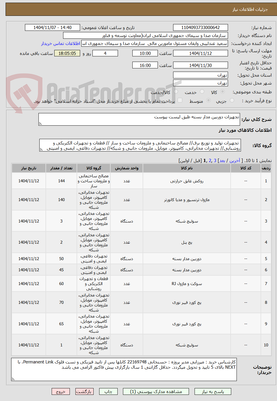 تصویر کوچک آگهی تجهیزات دوربین مدار بسته طبق لیست پیوست 
