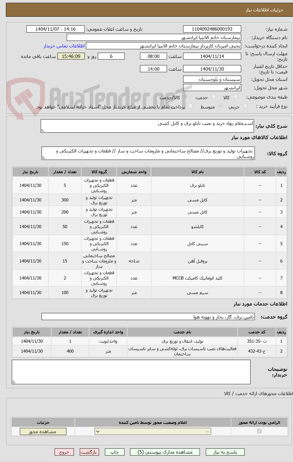 تصویر کوچک آگهی اسـتـعلام بهاء خرید و نصب تابلو برق و کابل کشی