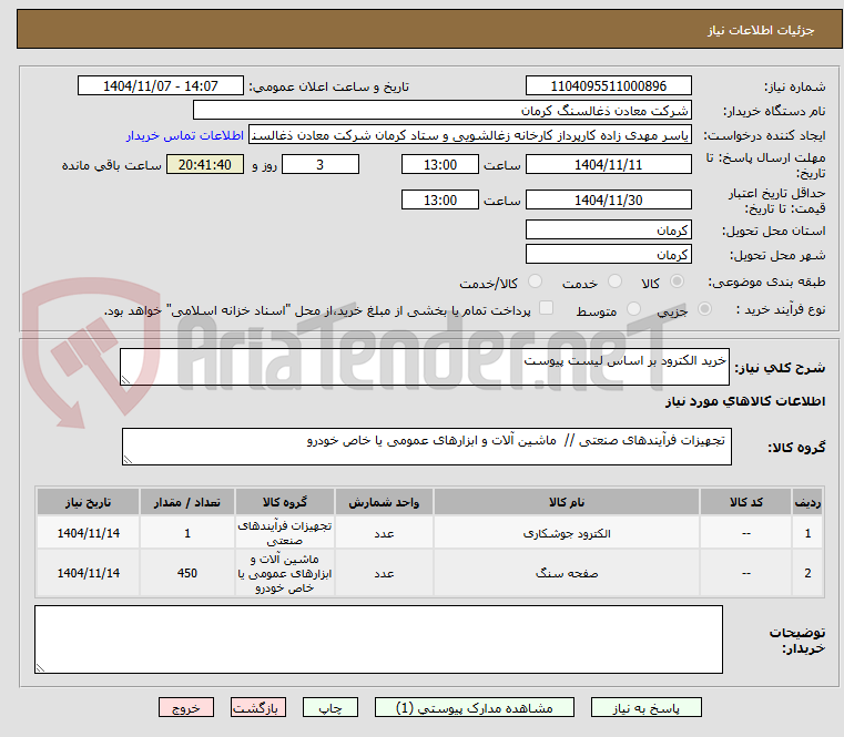تصویر کوچک آگهی خرید الکترود بر اساس لیست پیوست 