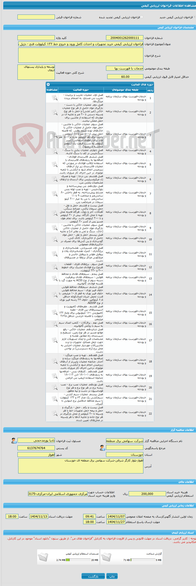 تصویر کوچک آگهی فراخوان ارزیابی کیفی خرید تجهیزات و احداث کامل ورود و خروج خط ١۳۲ کیلوولت فتح - دژپل در پست سبزآب به صورت PC