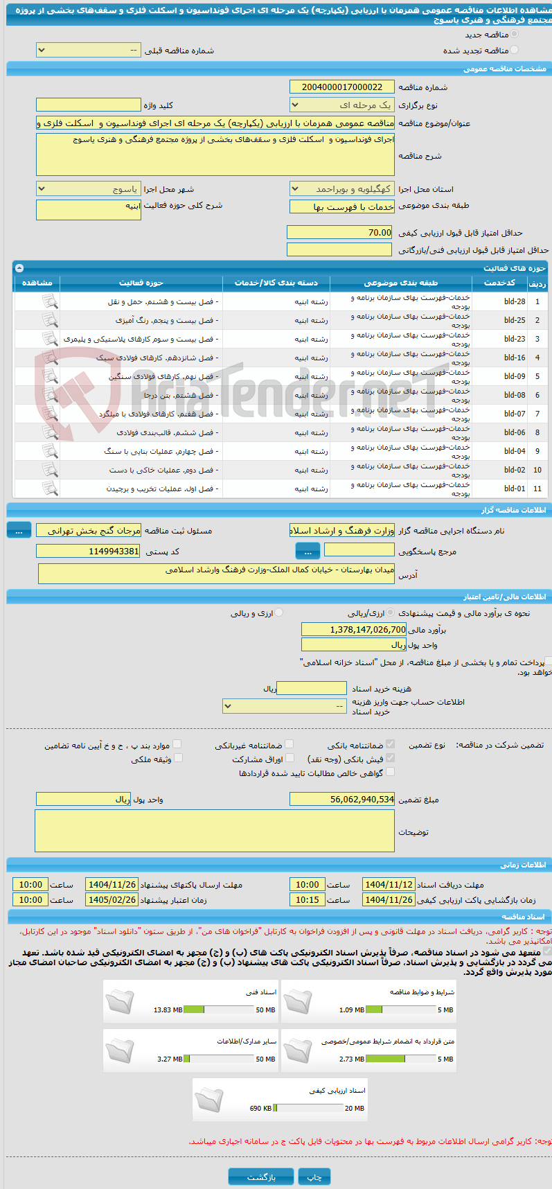 تصویر کوچک آگهی مناقصه عمومی همزمان با ارزیابی (یکپارچه) یک مرحله ای اجرای فونداسیون و  اسکلت فلزی و سقف‌های بخشی از پروژه مجتمع فرهنگی و هنری یاسوج 