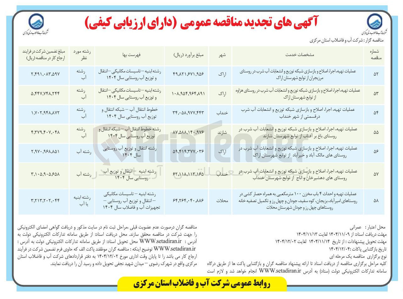 تصویر کوچک آگهی عملیات تهیه اجرا اصلاح و بازسازی شبکه توزیع و انشعابات آب شرب
