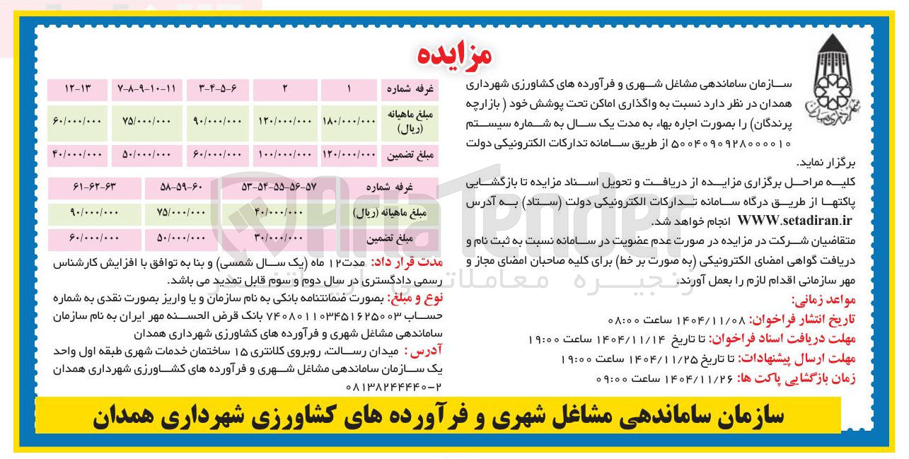 تصویر کوچک آگهی واگذاری اماکن تحت پوشش خود بازارچه پرندگان را بصورت اجاره بهاء