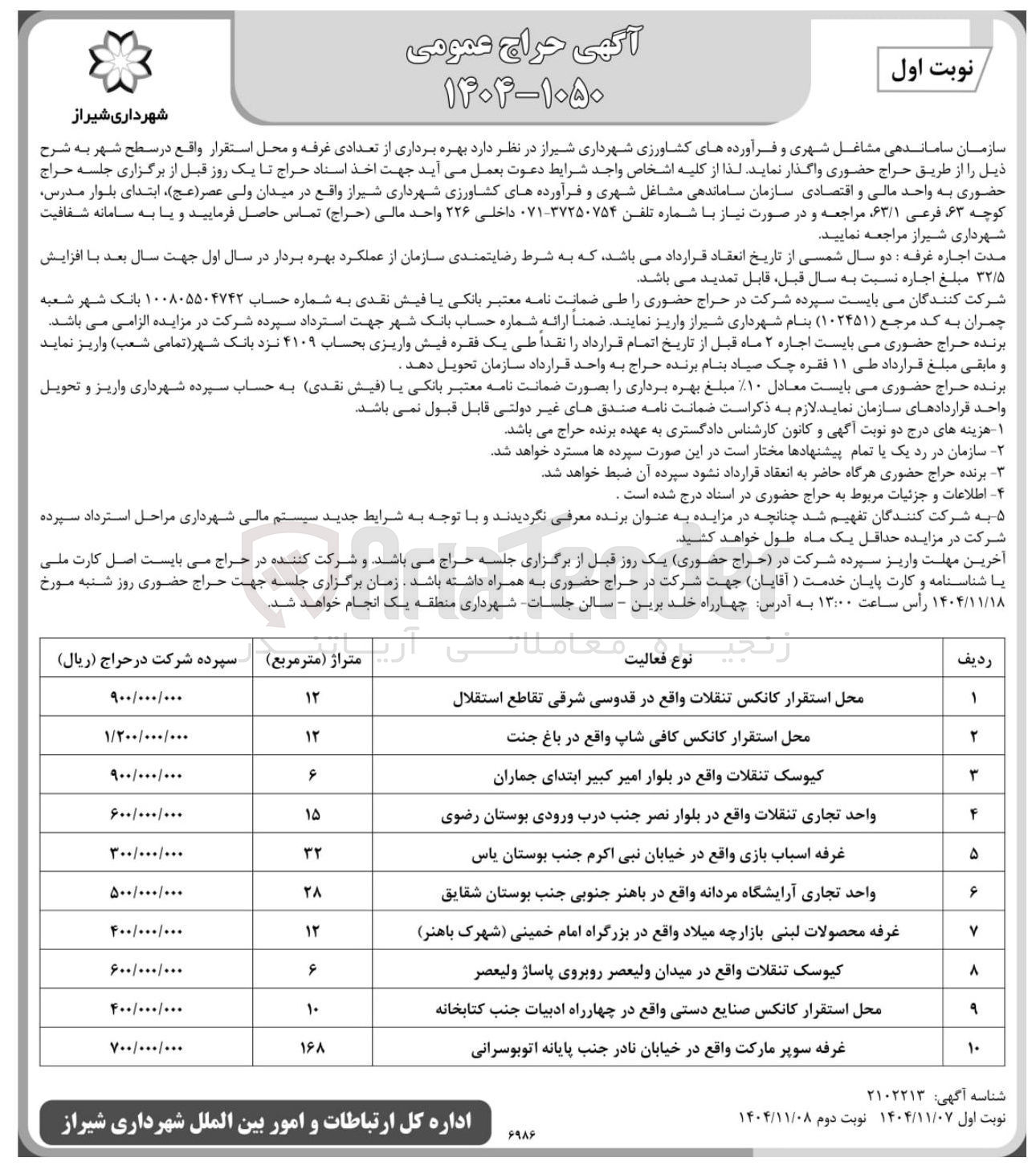 تصویر کوچک آگهی بهره برداری از تعدادی غرفه و محل استقرار 