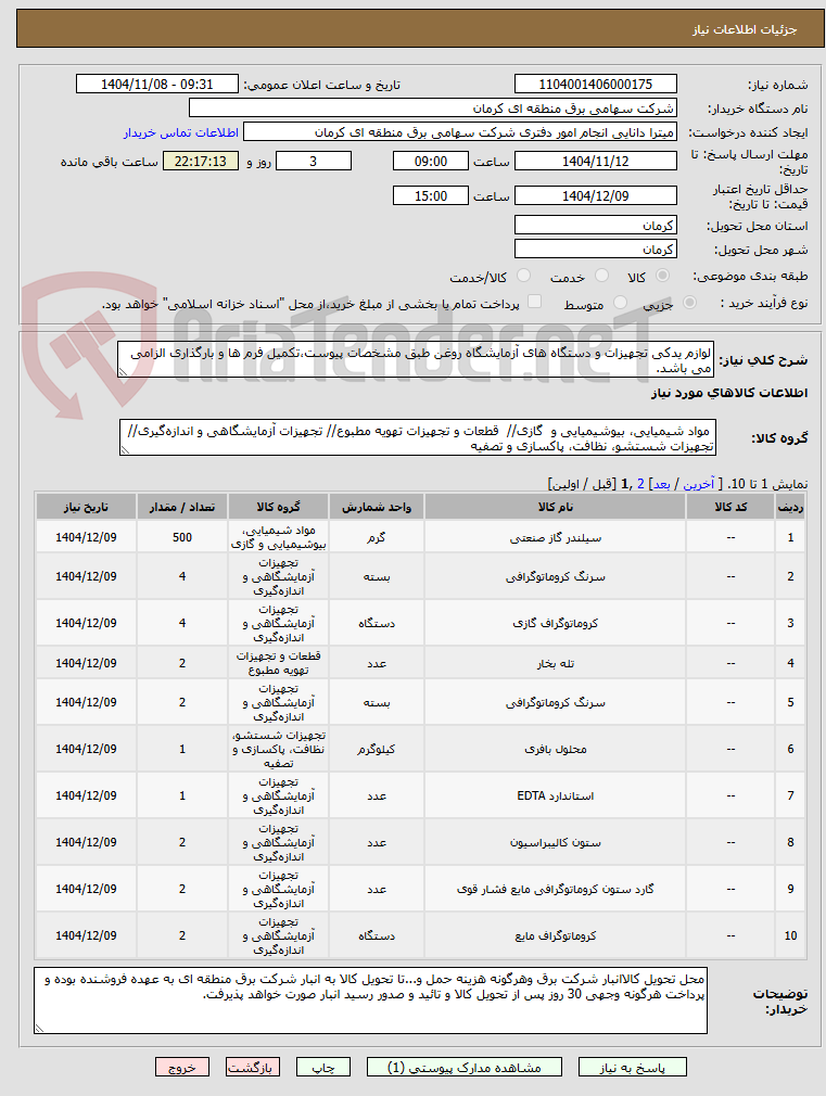 تصویر کوچک آگهی لوازم یدکی تجهیزات و دستگاه های آزمایشگاه روغن طبق مشخصات پیوست،تکمیل فرم ها و بارگذاری الزامی می باشد.