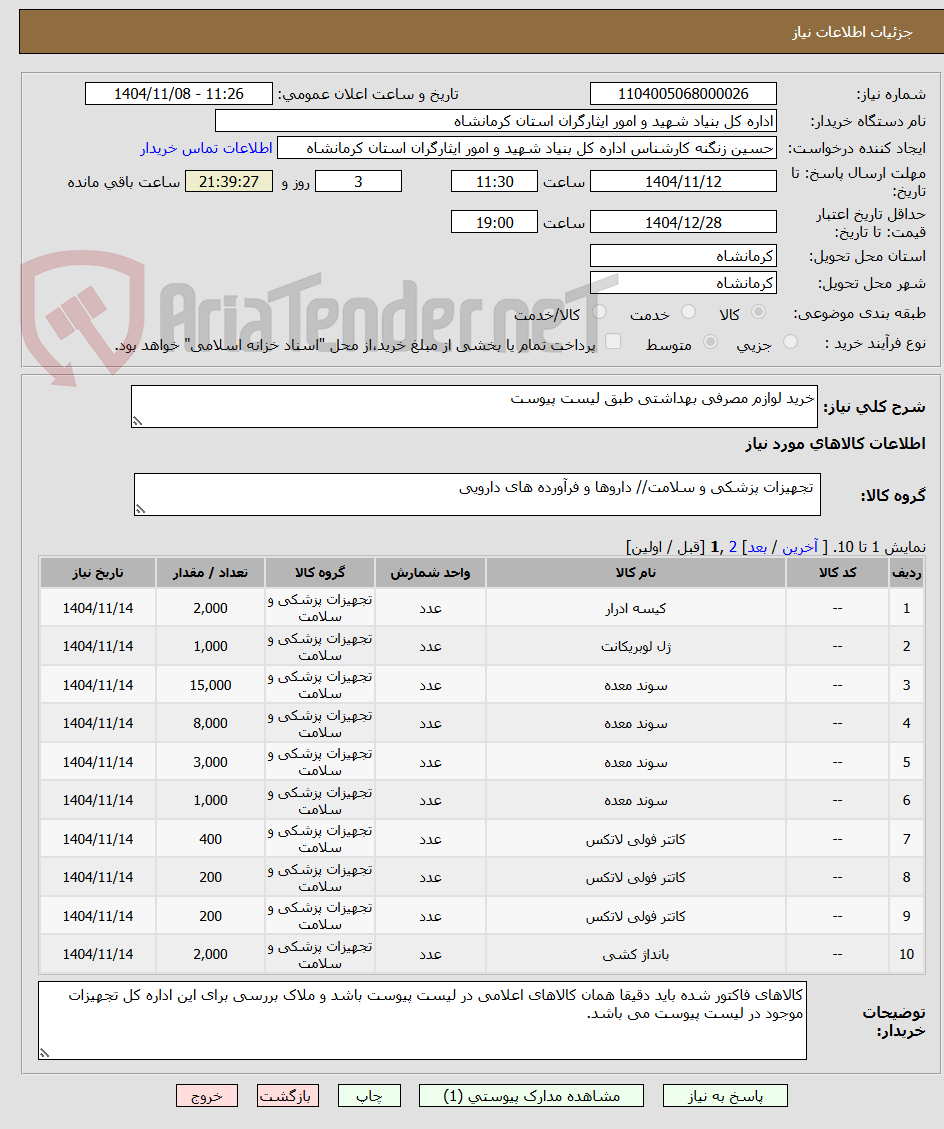 تصویر کوچک آگهی خرید لوازم مصرفی بهداشتی طبق لیست پیوست