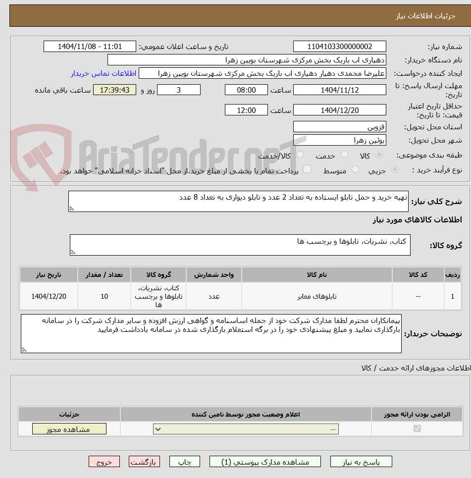 تصویر کوچک آگهی تهیه خرید و حمل تابلو ایستاده به تعداد 2 عدد و تابلو دیواری به تعداد 8 عدد 
