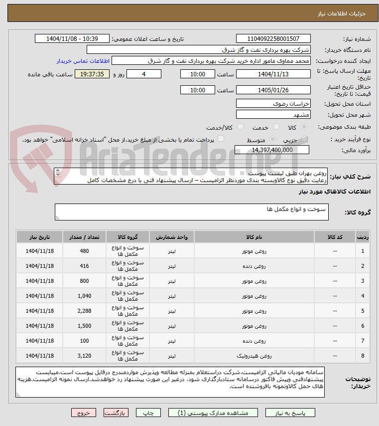 تصویر کوچک آگهی روغن بهران طبق لیست پیوست
رعایت دقیق نوع کالاوبسته بندی موردنظر الزامیست – ارسال پیشنهاد فنی با درج مشخصات کامل الزامیست - محل تحویل:خانگیران سرخس