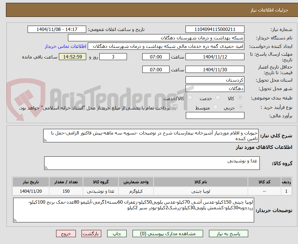 تصویر کوچک آگهی حبوبات و اقلام موردنیاز آشپزخانه بیمارستان شرح در توضیحات -تسویه سه ماهه-پیش فاکتور الزامی-حمل با تامین کننده