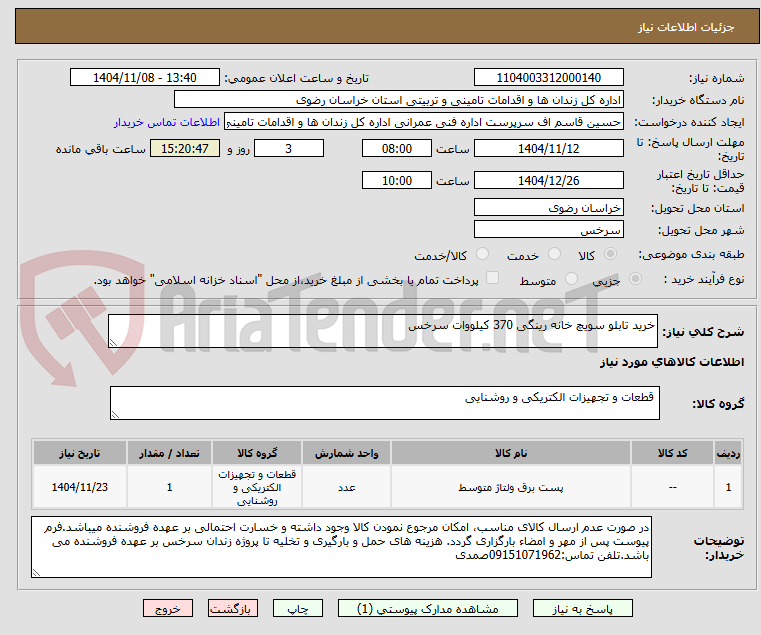 تصویر کوچک آگهی خرید تابلو سویچ خانه رینگی 370 کیلووات سرخس