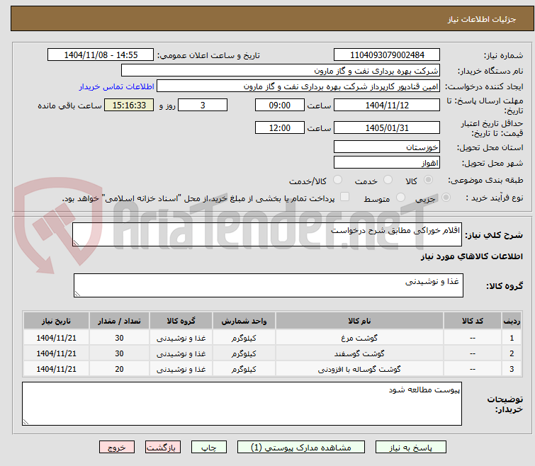 تصویر کوچک آگهی اقلام خوراکی مطابق شرح درخواست