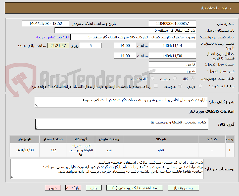 تصویر کوچک آگهی تابلو قدرت و سایر اقلام بر اساس شرح و مشخصات ذکر شده در استعلام ضمیمه