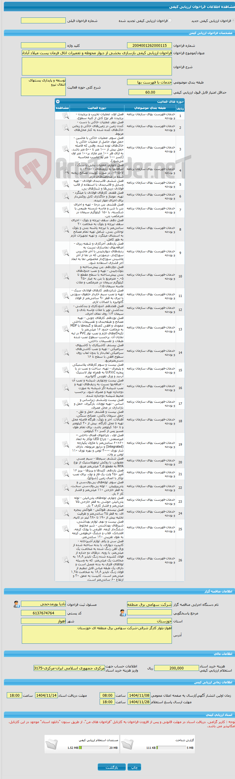 تصویر کوچک آگهی فراخوان ارزیابی کیفی بازسازی بخشی از دیوار محوطه و تعمیرات اتاق فرمان پست میلاد آبادان