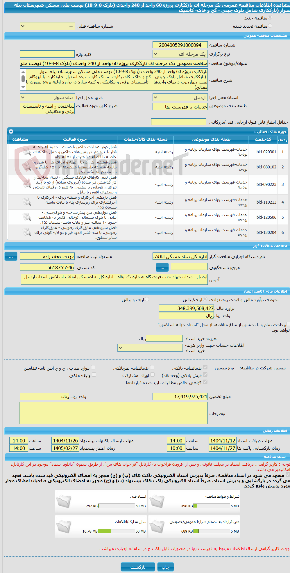 تصویر کوچک آگهی مناقصه عمومی یک مرحله ای نازککاری پروژه 60 واحد از 240 واحدی (بلوک 8-9-10) نهضت ملی مسکن شهرستان بیله سوار (نازککاری شامل بلوک چینی - گچ و خاک- کاشیک