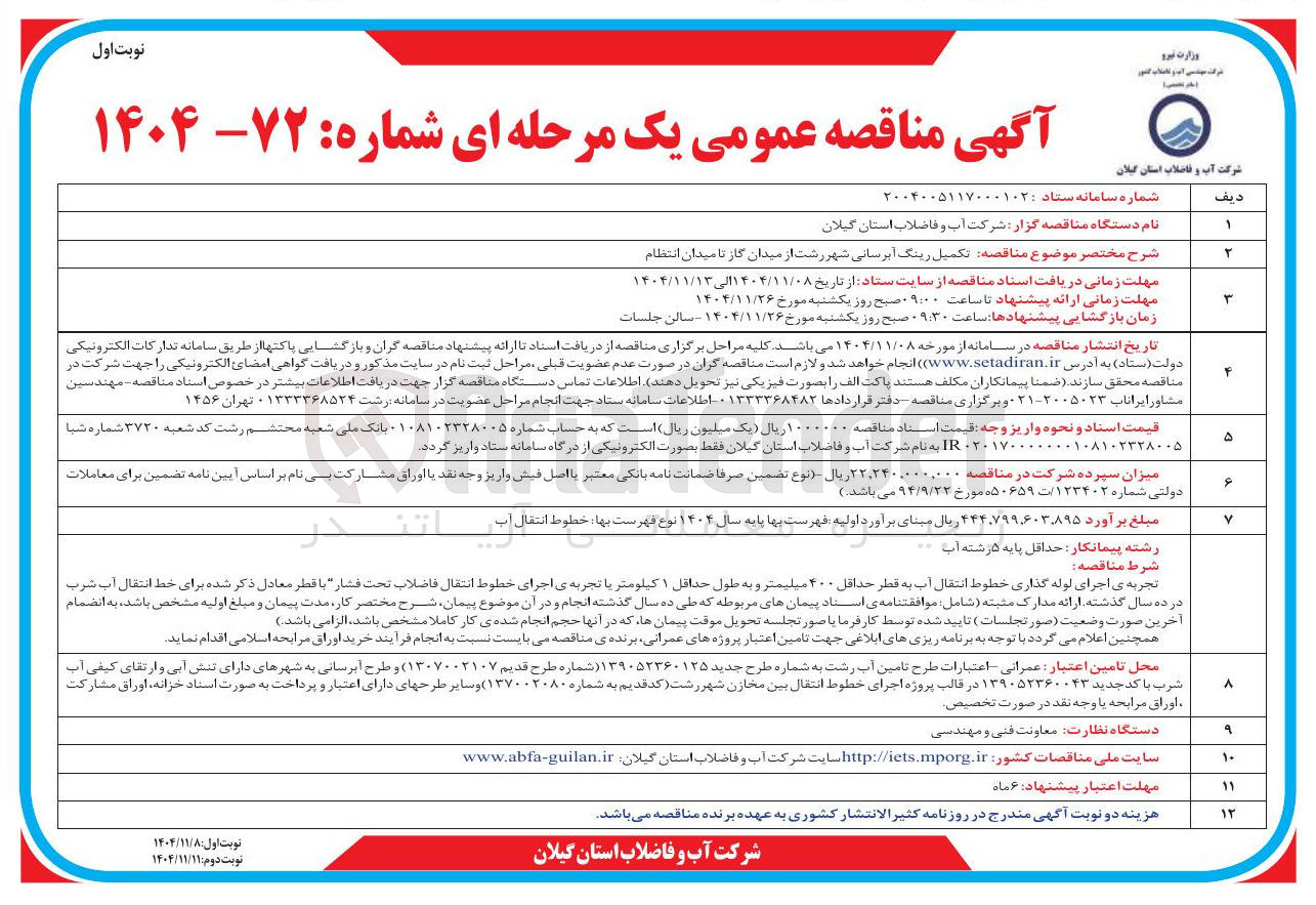 تصویر کوچک آگهی  تکمیل رینگ آبرسانی