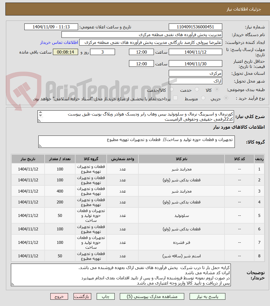 تصویر کوچک آگهی کورنرمال و اسپرینگ نرمال و سلونوئید بیس وهاب رابر ودیسک هولدر وپلاگ یونیت طبق پیوست
کد22رقمی حقیقی وحقوقی الزامیست
مهلت تامین سه روزه
