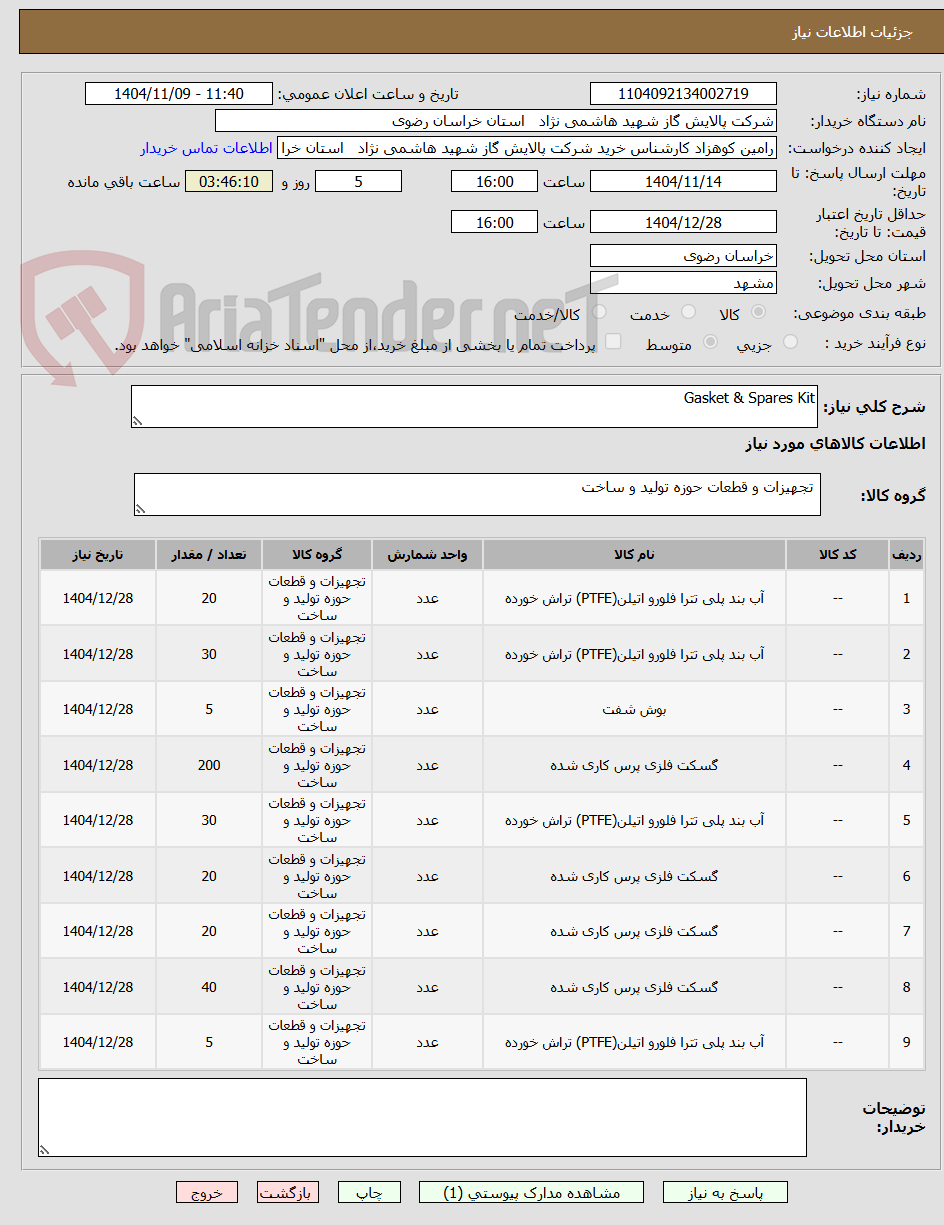تصویر کوچک آگهی Gasket & Spares Kit