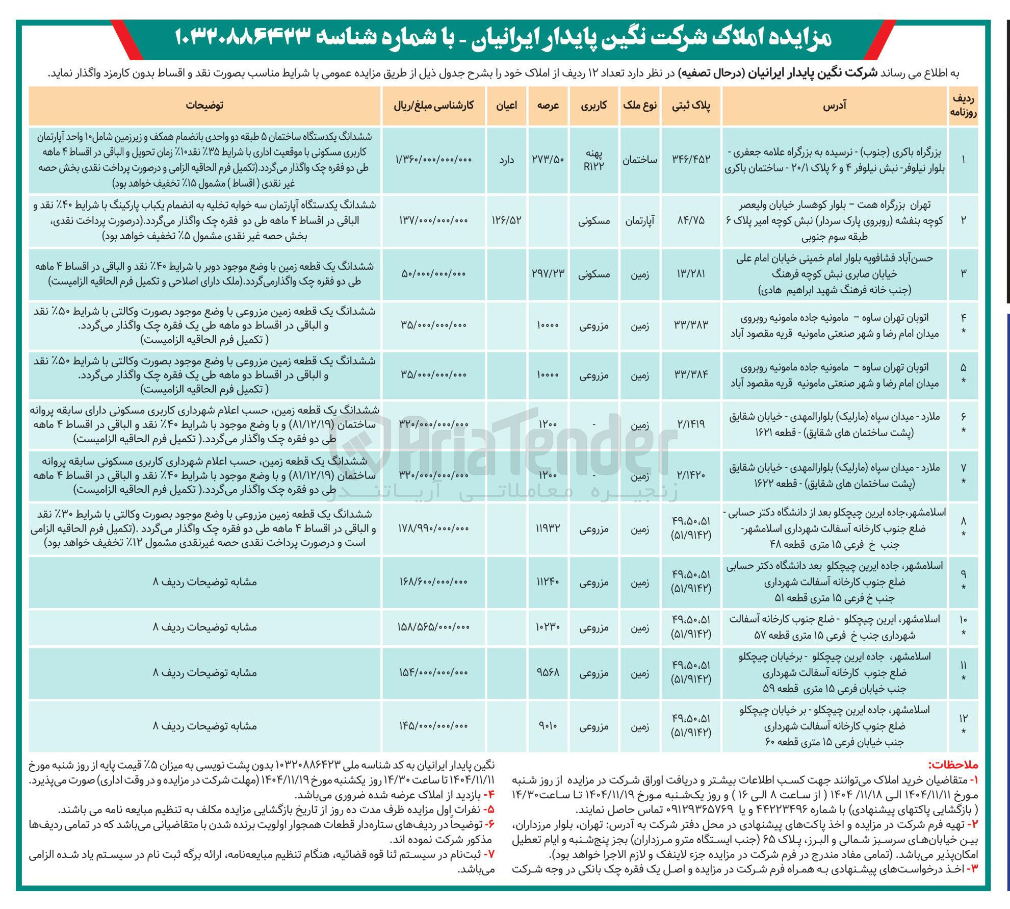 تصویر کوچک آگهی فروش تعداد ۱۲ ردیف از املاک 
