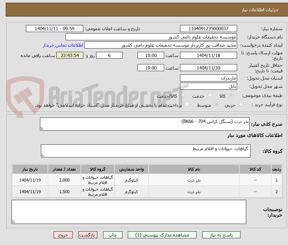 تصویر کوچک آگهی بذر ذرت (سنگل کراس 704 - BK66)