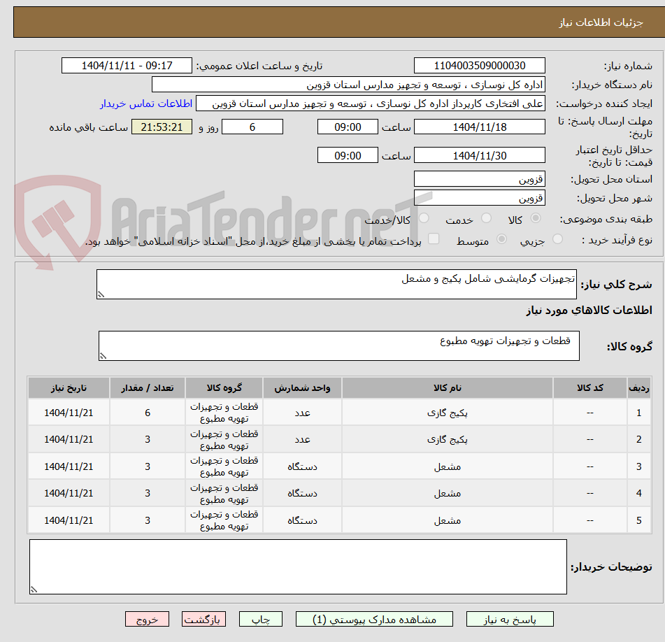 تصویر کوچک آگهی تجهیزات گرمایشی شامل پکیج و مشعل