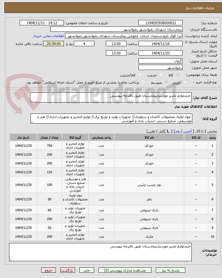 تصویر کوچک آگهی خریدلوازم تحریر موردنیازبیمارستان طبق دفترچه پیوستی 