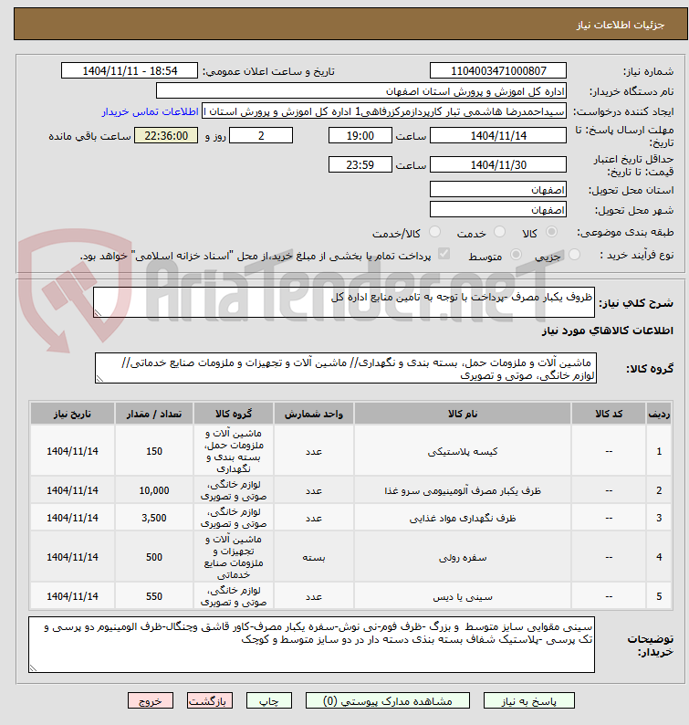 تصویر کوچک آگهی ظروف یکبار مصرف -پرداخت با توجه به تامین منابع اداره کل