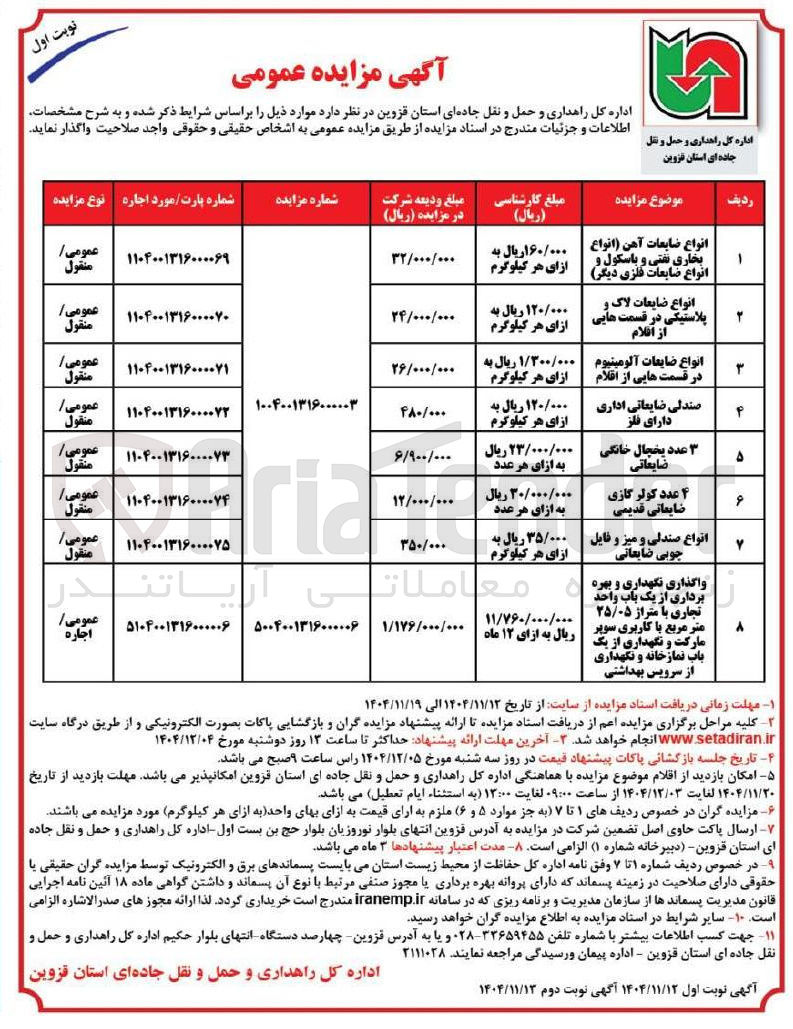 تصویر کوچک آگهی واگذاری نگهداری و بهره برداری از یک باب واحد تجاری با متراژ ۲۵/۰۵ متر مربع با کاربری سوپر مارکت و نگهداری از یک باب نمازخانه و نگهداری از سرویس بهداشتی 