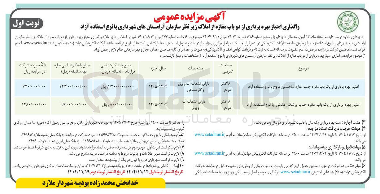 تصویر کوچک آگهی امتیاز بهره برداری از یک باب مغازه