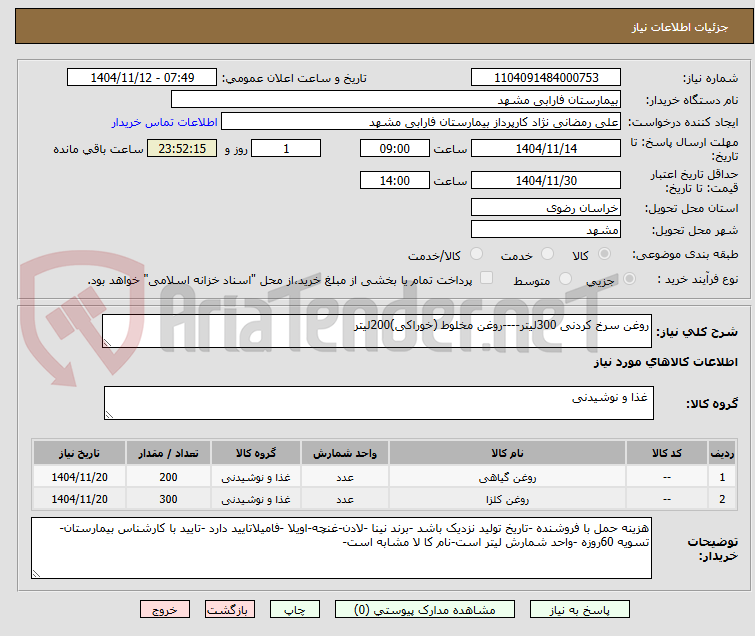 تصویر کوچک آگهی روغن سرخ کردنی 300لیتر----روغن مخلوط (خوراکی)200لیتر
